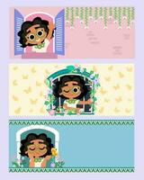 Pretty Little Girls Greeting Through The Window Web Banner Template vector