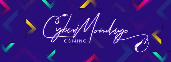 Website header or banner design with stylish Cyber Monday text decorated wired mouse on abstract colorful triangle pattern background. vector
