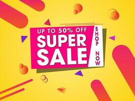 Super Sale banner or poster design with 50 discount offer and abstract elements decorated on yellow background. vector