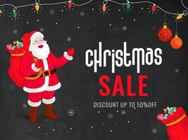 Illustration of santa claus lifting a heavy gift sack with 50 discount offer for Christmas Sale banner or poster design. vector