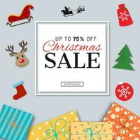 Christmas Sale poster or template design with 75 discount offer and christmas elements decorated on background. vector