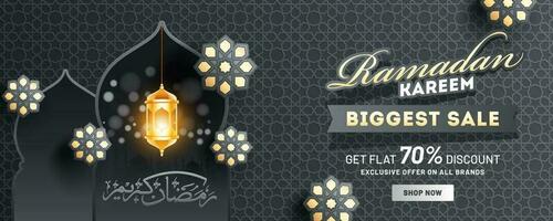 Ramadan Kareem Biggest Sale header or banner design with 70 discount offer, illuminated lantern and mandala pattern decorated on grey islamic seamless pattern background. vector