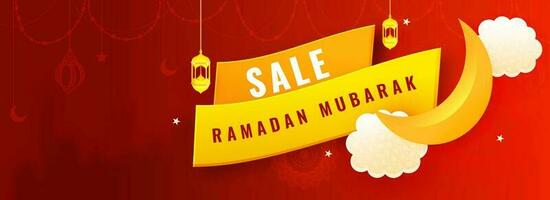 Ramadan Sale Header or banner design. Decoration of beautiful lanter and moon on wave red shiny background. vector