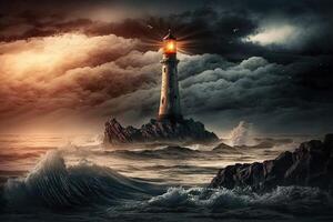 Beautiful lighthouse on seascape with a gloomy sky at sunset illustration photo
