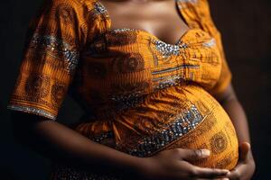 Afro American close up of pregnant woman holding belly with hands Pregnancy, maternity, preparation and expectation concept. illustration photo