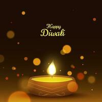 Happy Diwali greeting card design with illuminated oil lamp on brown bokeh background for celebration concept. vector