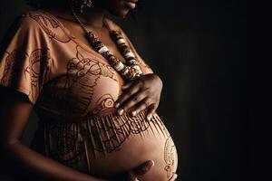 afro americano cerca arriba de embarazada mujer participación barriga con manos el embarazo, maternidad, preparación y expectativa concepto. ilustración generativo ai foto