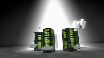 Concept animation cloud computing, server racks technology. video