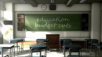 Classroom black board text, Education budget cuts. video