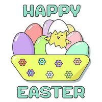 Happy Easter card with lettering. A cute chicken hatched from an egg in a plate of painted eggs. Festive cartoon banner of delicate colors-pink, blue, yellow, green. vector