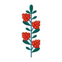 Green branch of a raspberry with leaves and red berries simple minimalistic. Floral collection of colorful elegant plants for seasonal decoration. Stylized icons of botany. Stock vector illustration