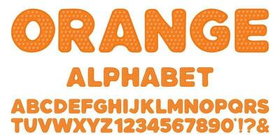 Popping toy font design - orange alphabet and numbers set in style of trendy silicon fidget toys in bright color. Bubble sensory letters. Isolated cartoon vector illustration.