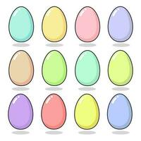 Happy Easter set with a dozen Easter eggs. Fun holiday elements in delicate colors - pink, blue, yellow, green, lilac, purple, mint and coral. Square format, vector flat illustration isolated