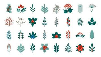 Merry Christmas floral design elements collection in a flat retro style. Flower, berry and leaf in green, red, blue colors. Vector for flyer, banner and pattern.
