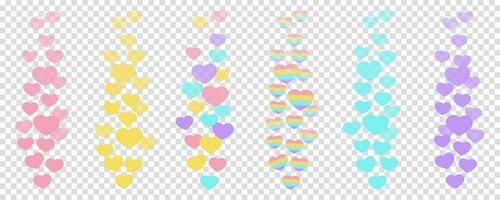 A set of likes in the live stream is a flying up icon heart. The likes user counter for online videos. Multicolored hearts in fashionable pastel colors. Vector illustration for social media bloggers.