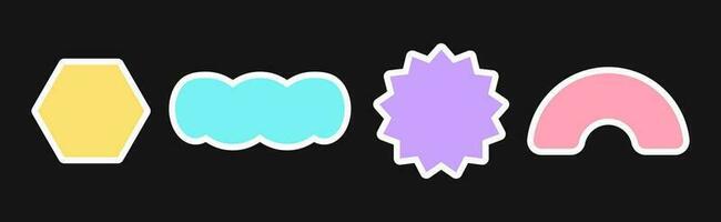 Set of 4 stickers and patches with copy space in retro pop style colorful pastel colors with a stroke. Simple isolated vector shapes for promo, packaging, social media posts, printing.