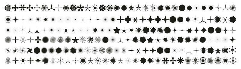 Simple minimalistic black elements, abstract brutalist geometric shapes. Basic form Y2K figure flower, grain, crystal, snowflake,star, sparkle. Swiss element set. Minimal aesthetic postmodern vector.