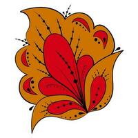 Ethnical floral pattern in the traditional style - yellow and red flower with curls and leaves. Separate element for the design. Vector illustration in handdrawn style isolated on a white background.