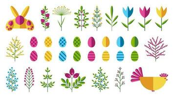 Set of Happy Easter design elements - painted eggs, chicken, rabbit, tulip, flower, berry, branch. Stock vector illustration in the flat style. Easter symbols in bright colors isolated on a white