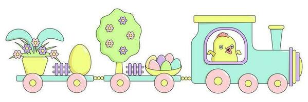 Happy Easter train with a cute chicken, a spring tree in flowers, painted bright eggs, a rabbit hiding behind a flower pot in pastel colors. Horizontal holiday vector banner in flat cartoon style