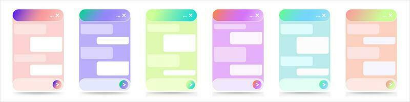 A set of chatbot dialog window interfaces for websites and mobile applications. Online live chat app and virtual assistant with gradients of bright colors. Vector design isolated on a white