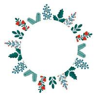 Merry Christmas floral round frame with winter plants frame - wreath in flat style. Illustrations with botanical symbols of holiday - pine, leaves, cone, berry in red, green colors. vector