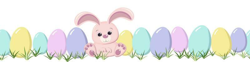Happy Easter cute pink bunny rabbit and painted eggs in the grass. Seamless border isolated on a white background. A greeting card or banner of bright colors. Vector illustration in flat cartoon style