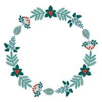 Merry Christmas floral round frame with winter plants frame - wreath in flat style. Illustrations with botanical symbols of holiday - pine, leaves, cone, berry in red, green colors. vector