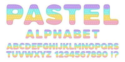 Popping toy font design - alphabet and numbers set in style of trendy silicon fidget toys in pastel colors. Bubble sensory letters. Isolated cartoon vector illustration.