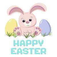 Happy Easter cute pink bunny rabbit in the grass with painted eggs. A greeting card or banner of bright colors. Vector illustration in flat cartoon style isolated on a white background.