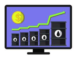 Record oil price increase - conceptual vector. Graph of financial growth. Flat composition includes oil barrels, arrow and coin. Template with layers for banners, web and posters. vector