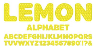 Popping toy font design - alphabet and numbers set in style of trendy silicon fidget toys in yellow color. Bubble sensory letters. Isolated cartoon vector illustration.