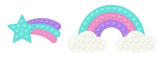 Popping toy figure pastel rainbow and pink star tail as a fashionable silicon toy for fidgets. Addictive anti stress toy in colorful colors. Bubble developing toy for kids. Vector illustration