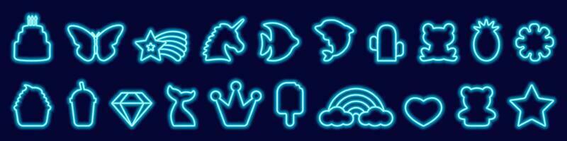 Big set of led fantasy birthday, food, animal neon frames in trendy blue color. Glow symbols and characters, unicorn, rainbow, butterfly, crown, star, cake. Vector illustration in neon style