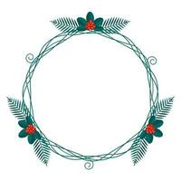 Merry Christmas floral round frame with winter plants frame - wreath in flat style. Illustrations with botanical symbols of holiday - pine, leaves, cone, berry in red, green colors. vector