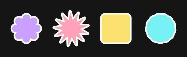 Set of 4 stickers and patches with copy space in retro pop style colorful pastel colors with a stroke. Simple isolated vector shapes for promo, packaging, social media posts, printing.