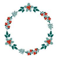 Merry Christmas floral round frame with winter plants frame - wreath in flat style. Illustrations with botanical symbols of holiday - pine, leaves, cone, berry in red, green colors. vector