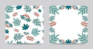 Merry Christmas greeting card and seamless pattern with winter plants frame in the retro style. Stock vector illustrations with botanical symbols of holiday - pine, cone, branch, berry.