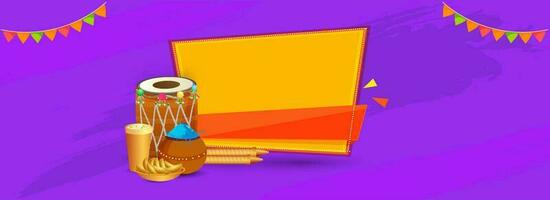 Vector illustration of dhol, color pot and Indian sweets on purple background with space for your text. Happy Holi header or banner design.