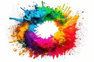 Holi powder color splash paints round border isolated on white background colorful explosion illustration photo