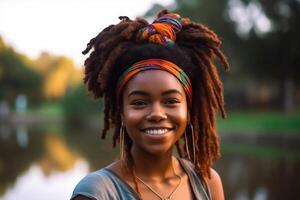 Cheerful woman with dreadlocks smiling with her eyes closed. . photo