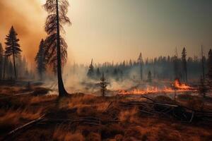 wildfire forest much smoke and fire, dramatic, climate disaster photo