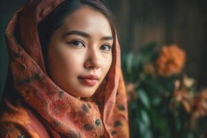 retrato de hermosa asiático musulmán mujer vistiendo tradicional ropa. ai generado. foto