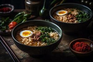 Two bowls of home made pork ramen decorated with chillies, shiitake, nori and scallions with a slate board. Top View. Copy Space photo