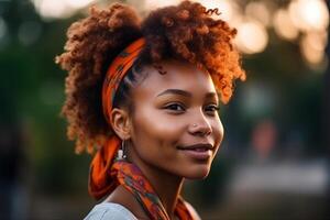 Cheerful woman with dreadlocks smiling with her eyes closed. . photo