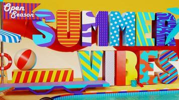 3d beatiful animation of a swimming pool with a water togoban, with summer vibes letters. Summer concept. photo