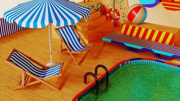 3d beatiful animation of a swimming pool with a water togoban, with summer vibes letters. Summer concept. photo