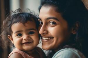 contento sonriente joven indio madre jugando con negro bebé niña hija. familia mezclado carrera personas mamá y niño juntos abrazando a hogar. auténtico sincero estilo de vida con infantil niño niño ai generado foto