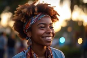 Cheerful woman with dreadlocks smiling with her eyes closed. . photo