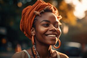 Cheerful woman with dreadlocks smiling with her eyes closed. . photo